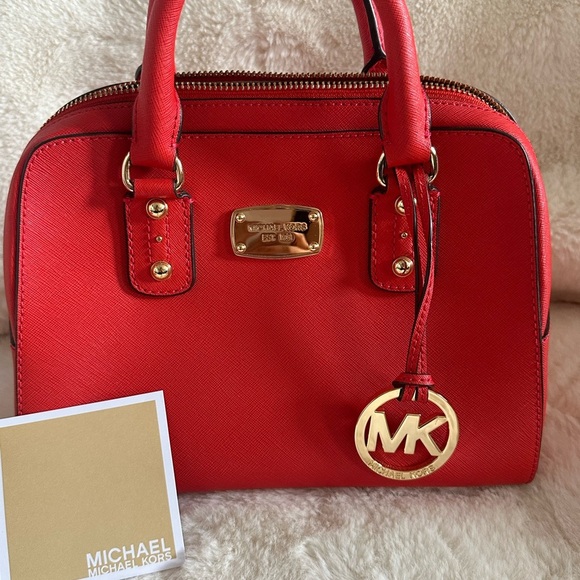 Michael Kors Red Orange Saffiano Leather Satchel Bag Gold Hardware | Like New - Picture 6 of 11